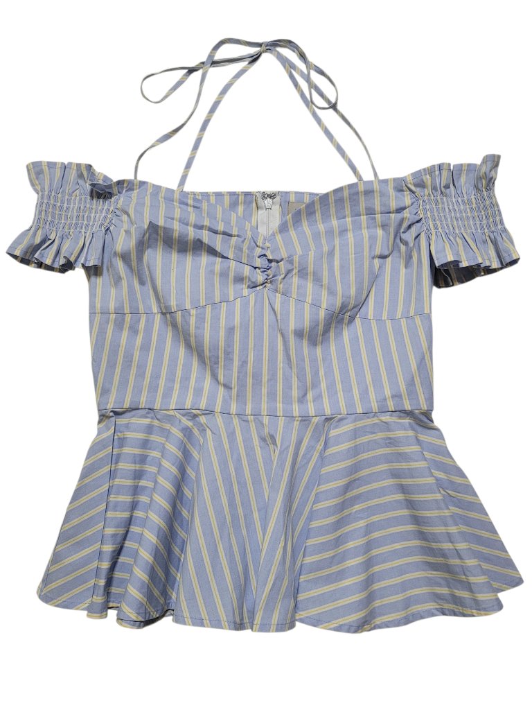 Belle & Sky Blue Striped Halter Peplum Top Off Shoulder Smocked Sleeve Small Nwt